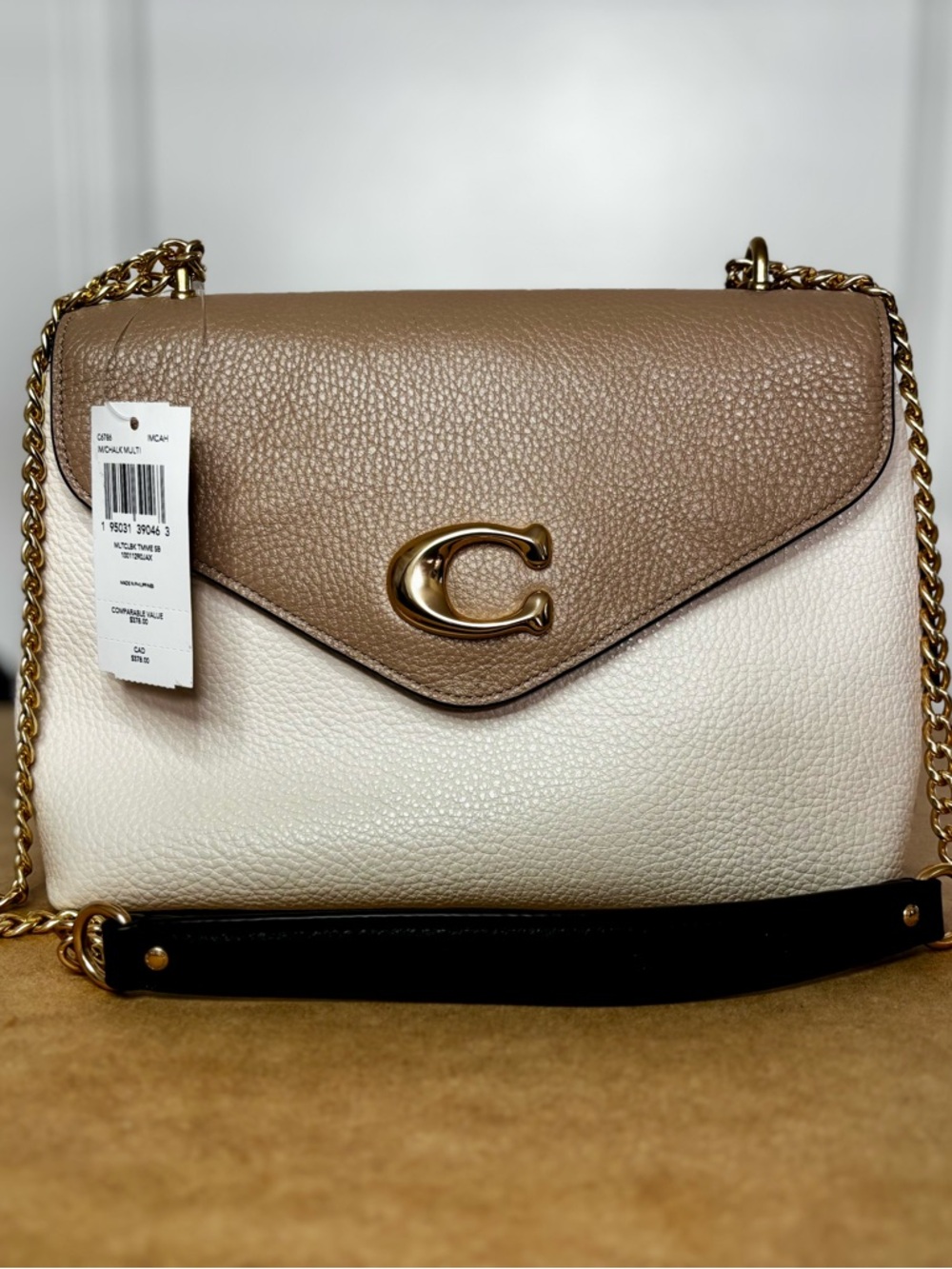 Coach Pebbled Colorblock Leather TAMMIE Shoulder Bag in Taupe, Cream and Black
